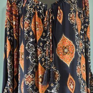 Enfocus Studio Midi Dress Womens Size 18W Navy Orange Tassel Paisley Floral Boho
